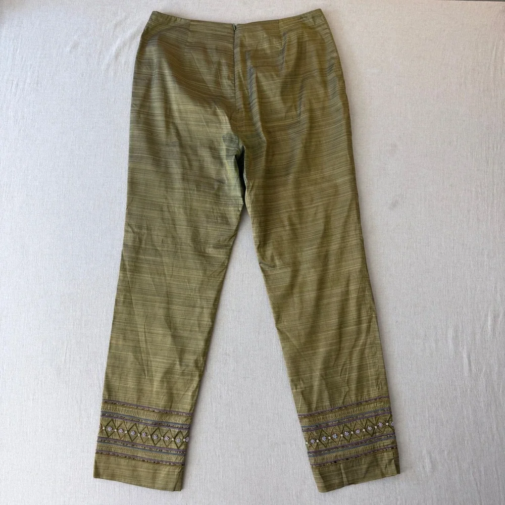 Muse 2 Piece Pant Set Womens 8 Green 100% Silk Beaded Embroidered Crop Top Pants